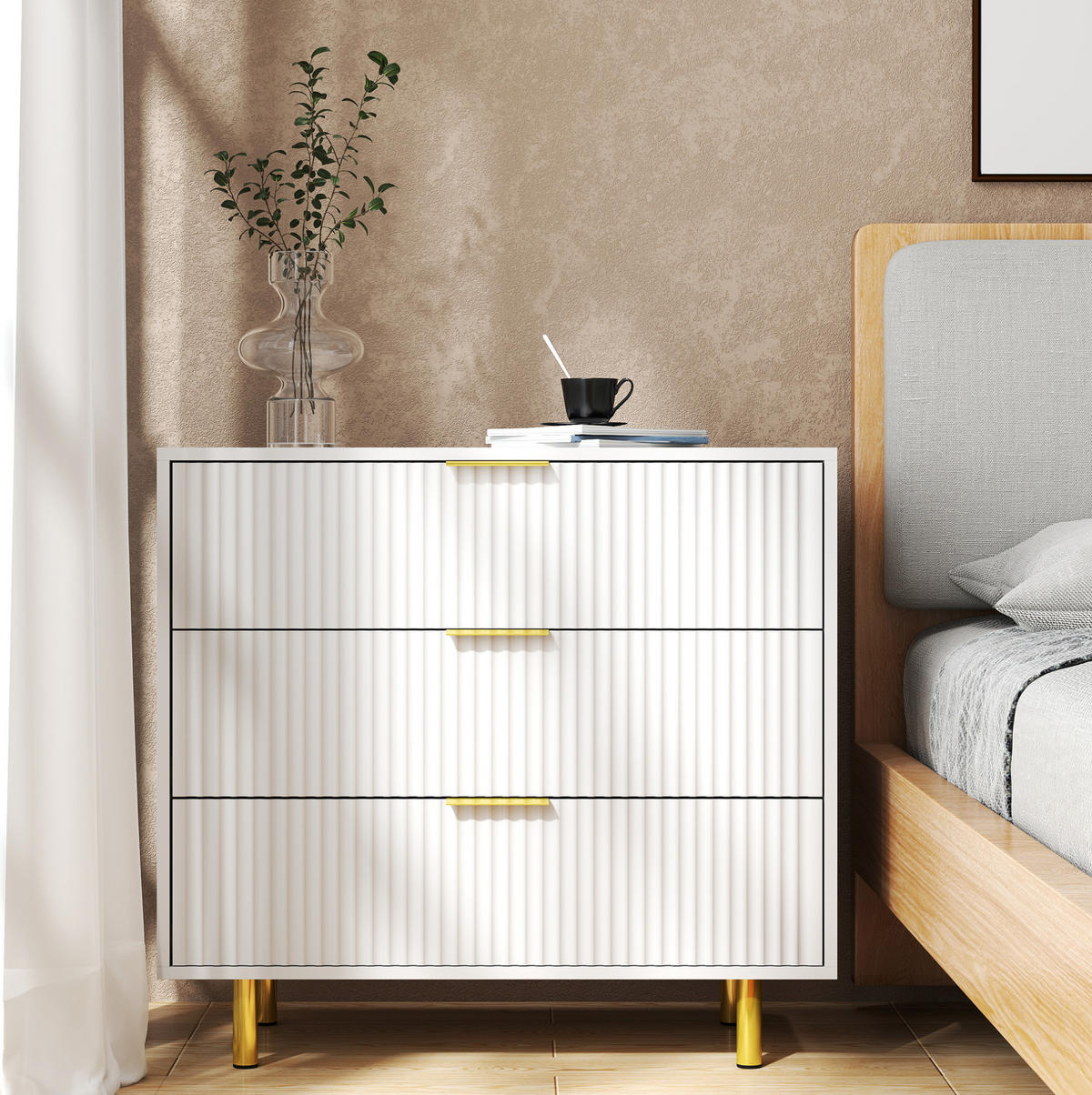 KOMMODE aus MDF 40x80x72 cm Weiß mit 3 Schubladen und goldfarbenen Metallbeinen - Weiß, Holzwerkstoff (80/72/40cm) - Modfu