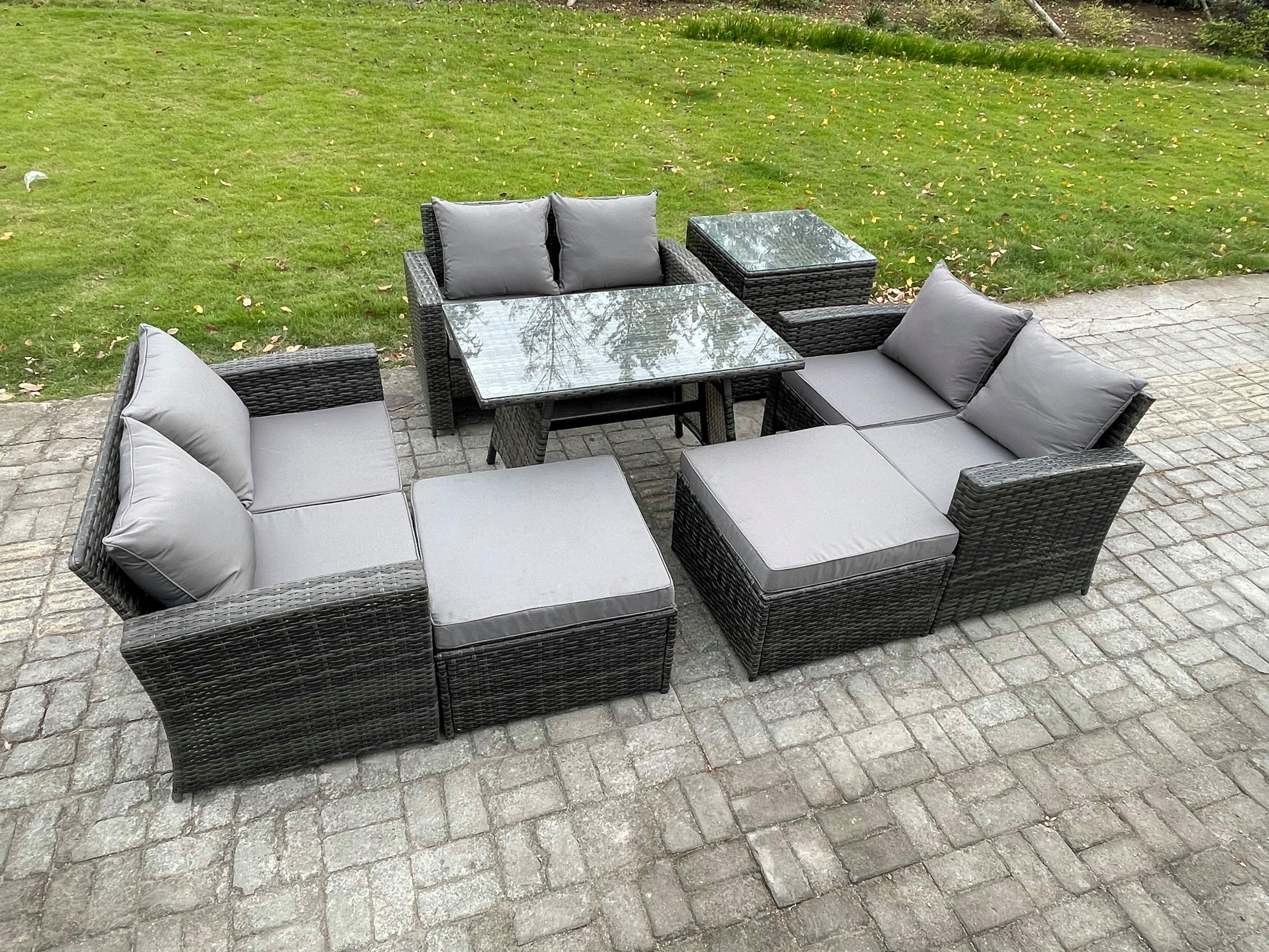 GARTENMÖBELSET mit ESSTISCH,HOCHLEHNER-SOFA Polyrattan Dunkelgrauer Mix 8-Sitzer - Dunkelgrau/Grau, Glas/Kunststoff - Fimous