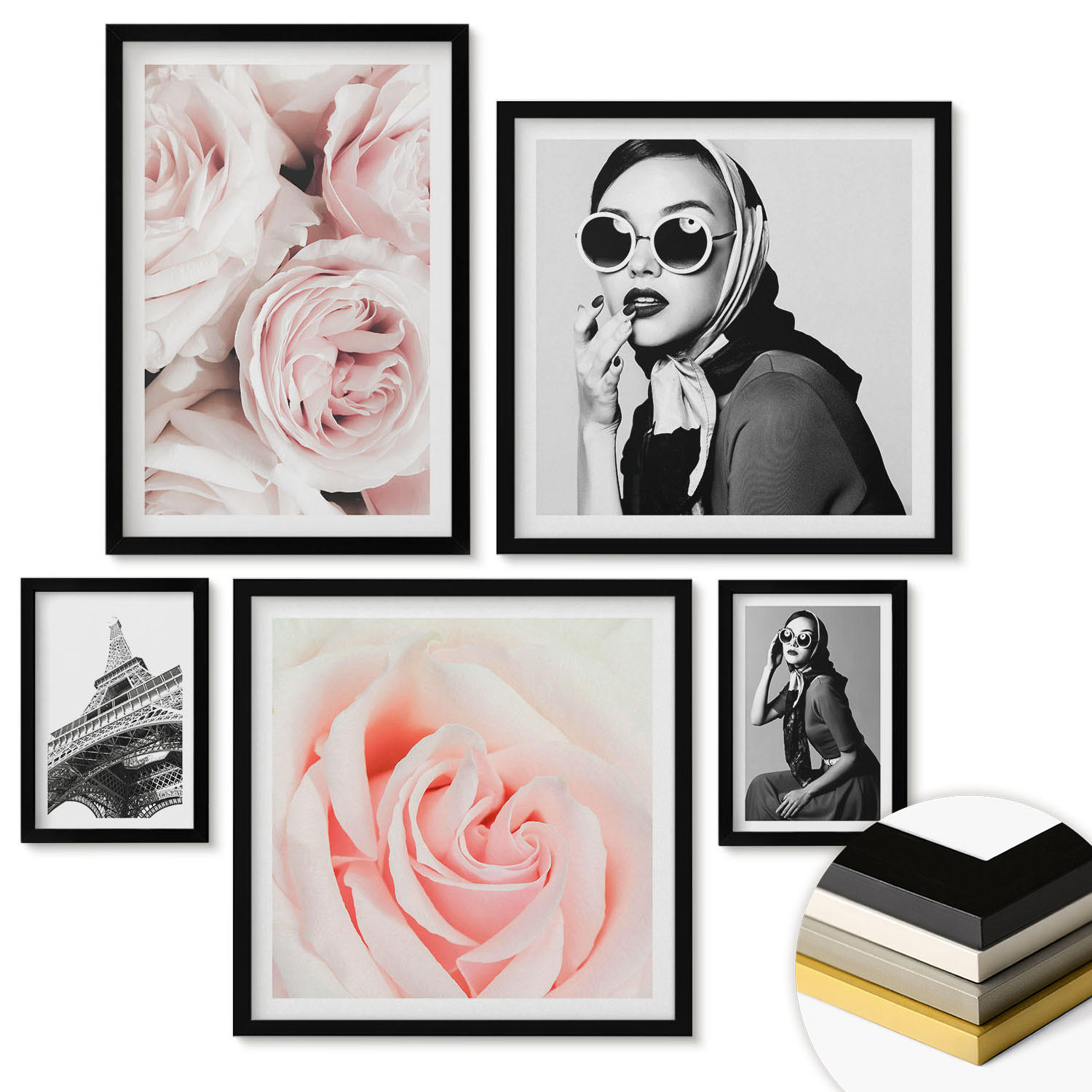 WANDBILDER 5er-Set - 50x50 cm & 20x30 cm & 40x60 cm Schwarzer Rahmen - Blumen, Pfingstrosen, Rosen, Eleganz - Schwarz, Kunststoff (40/60cm) - ArtPrintCave