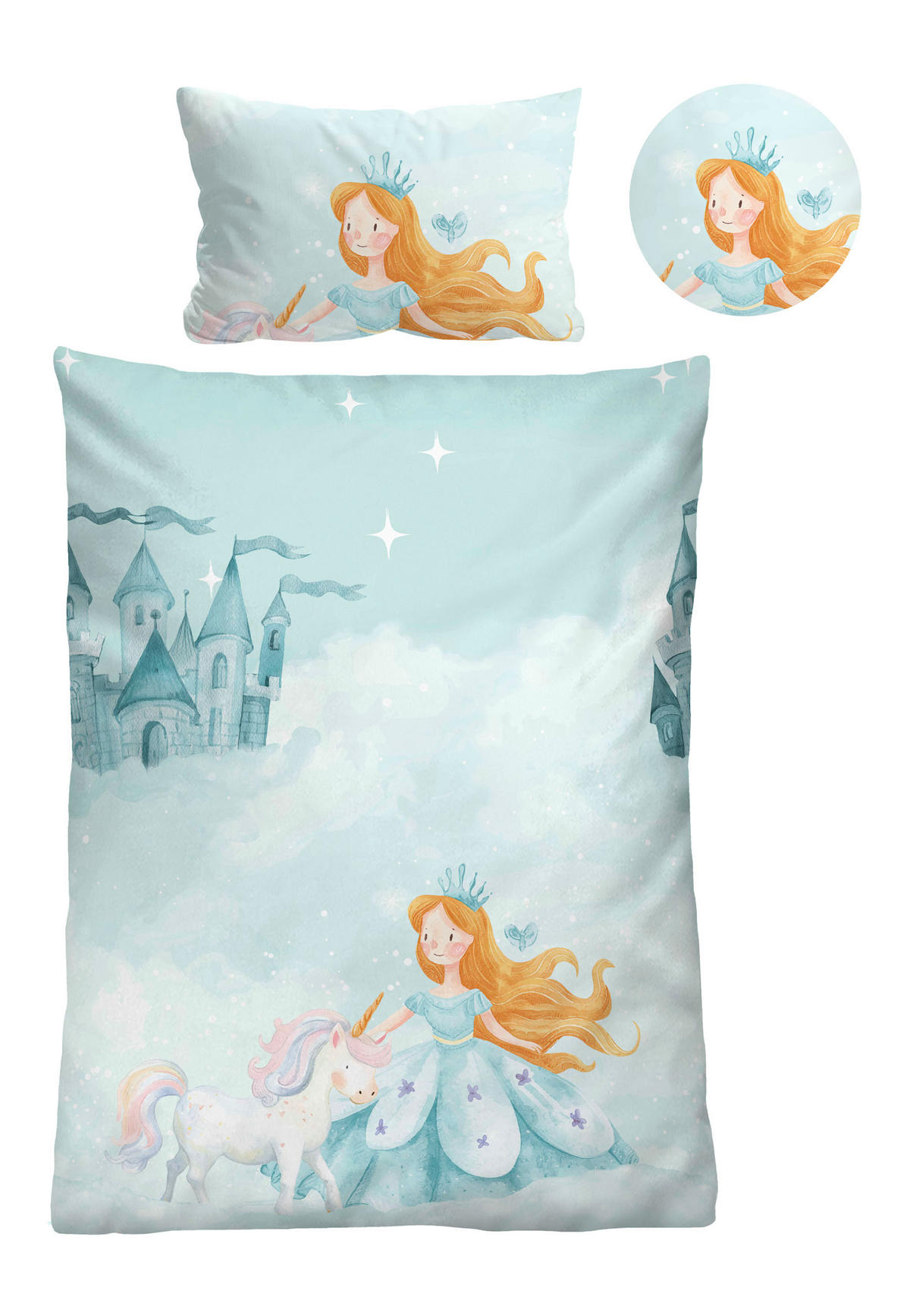 BETTWÄSCHE-GARNITUR Biber Prinzessin Einhorn ciel, 100x135 cm + 40x60 cm - Hellblau, Textil (100/135cm) - biberna