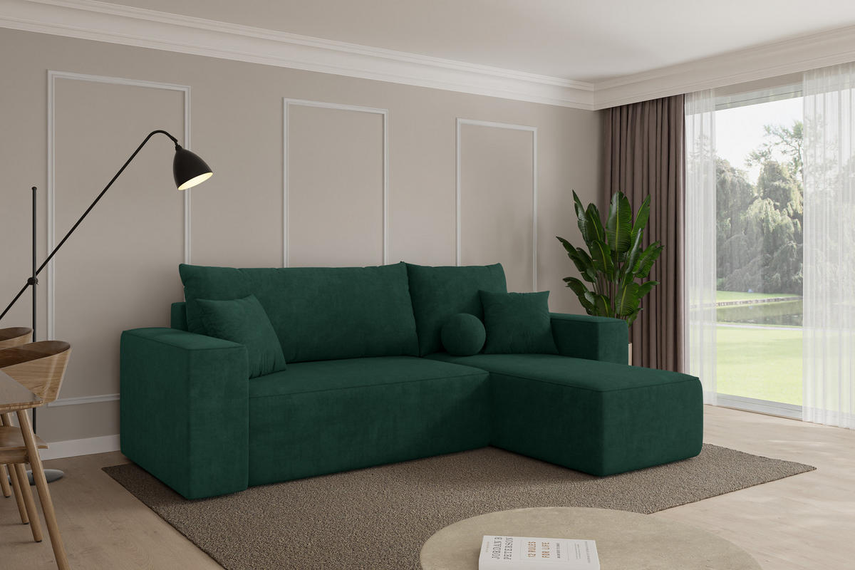 ROHOVÁ SEDAČKA s funkcí spaní, otoman vpravo SENO-L 249x139x85 zelená velur - černá/zelená barva, kompozitní dřevo/textil (249/139cm) - ALTDECOR