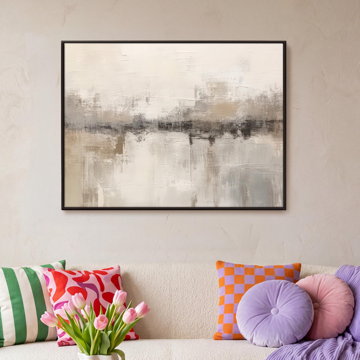 LEINWAND Bilder mit Rahmen - Moderne Kunst - Abstrakt - Beige - 100x70 - Beige, Textil (100/70cm) - MuchoWow