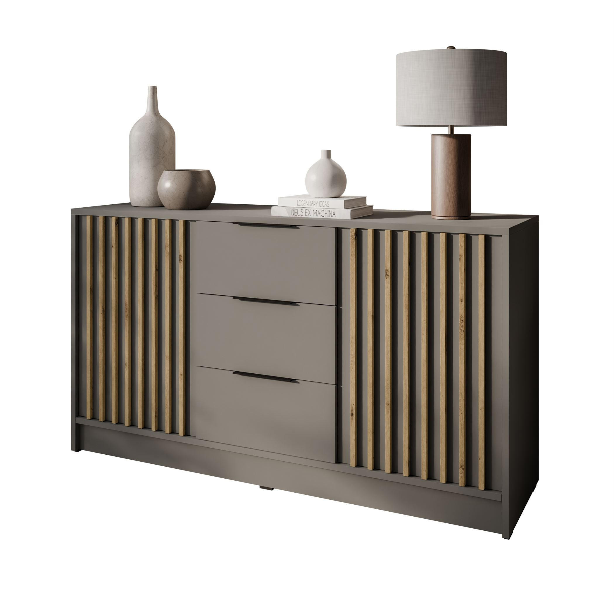 KOMMODE NELA, zweitürig mit Lamellen, Grau/Artisan - Grau, Holzwerkstoff (155/86/45cm) - Lookway