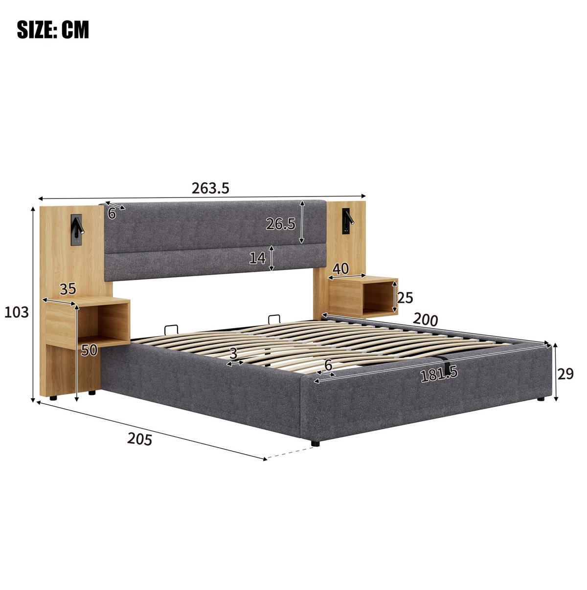 ČALOUNĚNÁ postel 180/200 cm šedá/přírodní ze sametu s USB, osvětlením a 2 nočními stolky - šedá, textil (180/200cm) - OKWISH