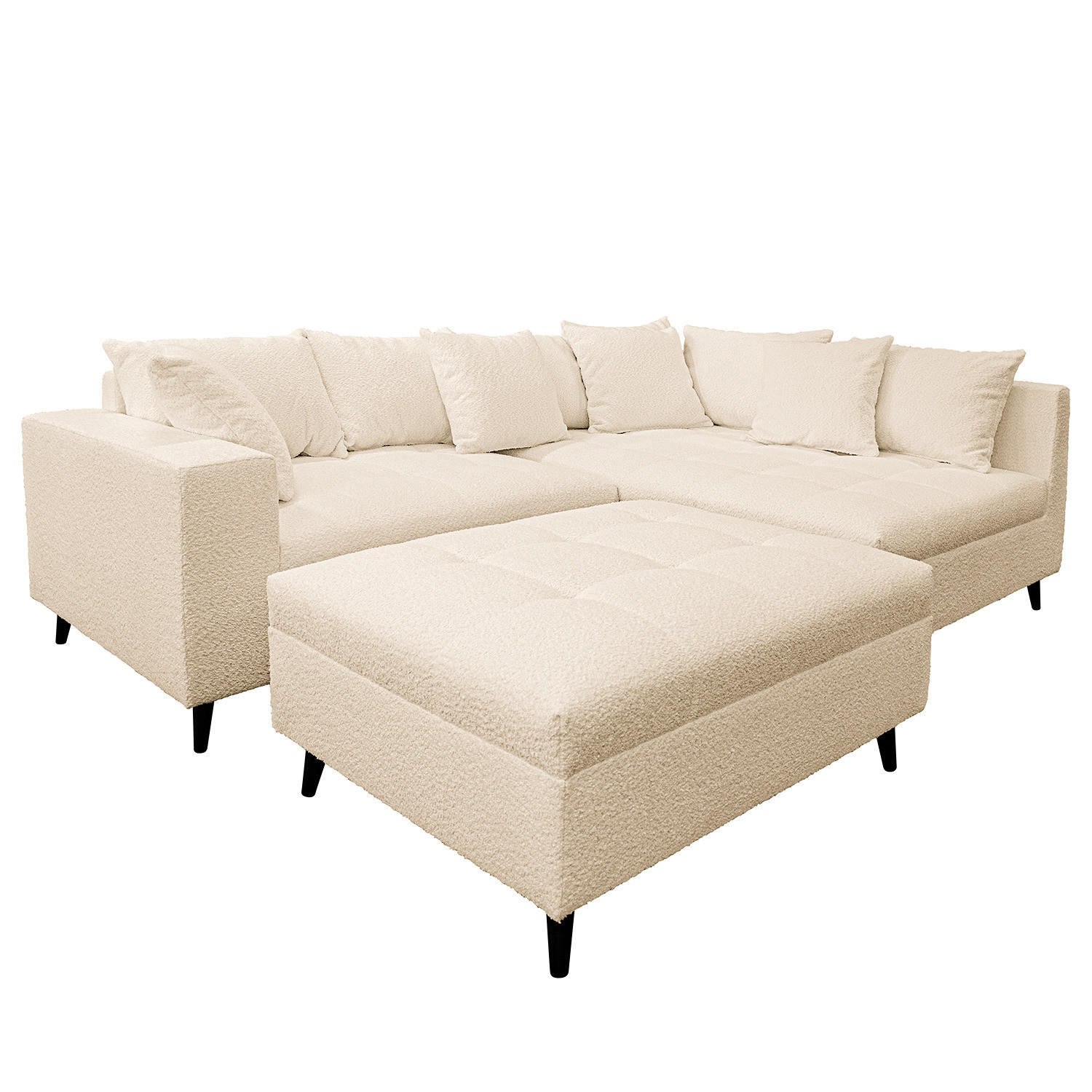 ECKSOFA mit Ottomane und Hocker - Beige/Schwarz, Birkenholz/Textil (247/174cm) - home24