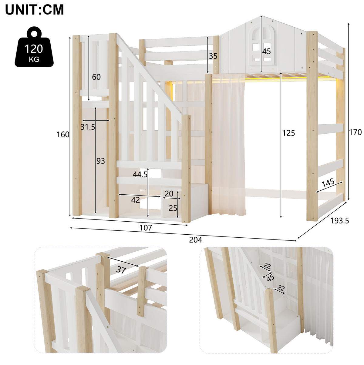 HOCHBETT 140/200 cm mit LED-Beleuchtung, Ablageleiter und Schlossdesign aus Kiefernholz, Weiß/Natur - Weiß, Holzwerkstoff (140/200cm) - Redom