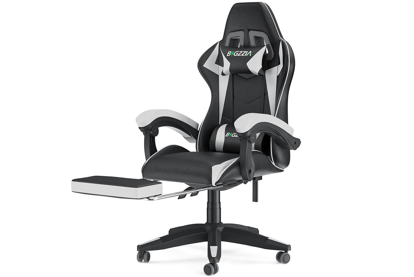 GAMING-STUHL höhenverstellbar, Fußstütze, Lendenkissen – Schwarz/Weiß - Weiß, Leder (50/134/50cm) - Rattantree