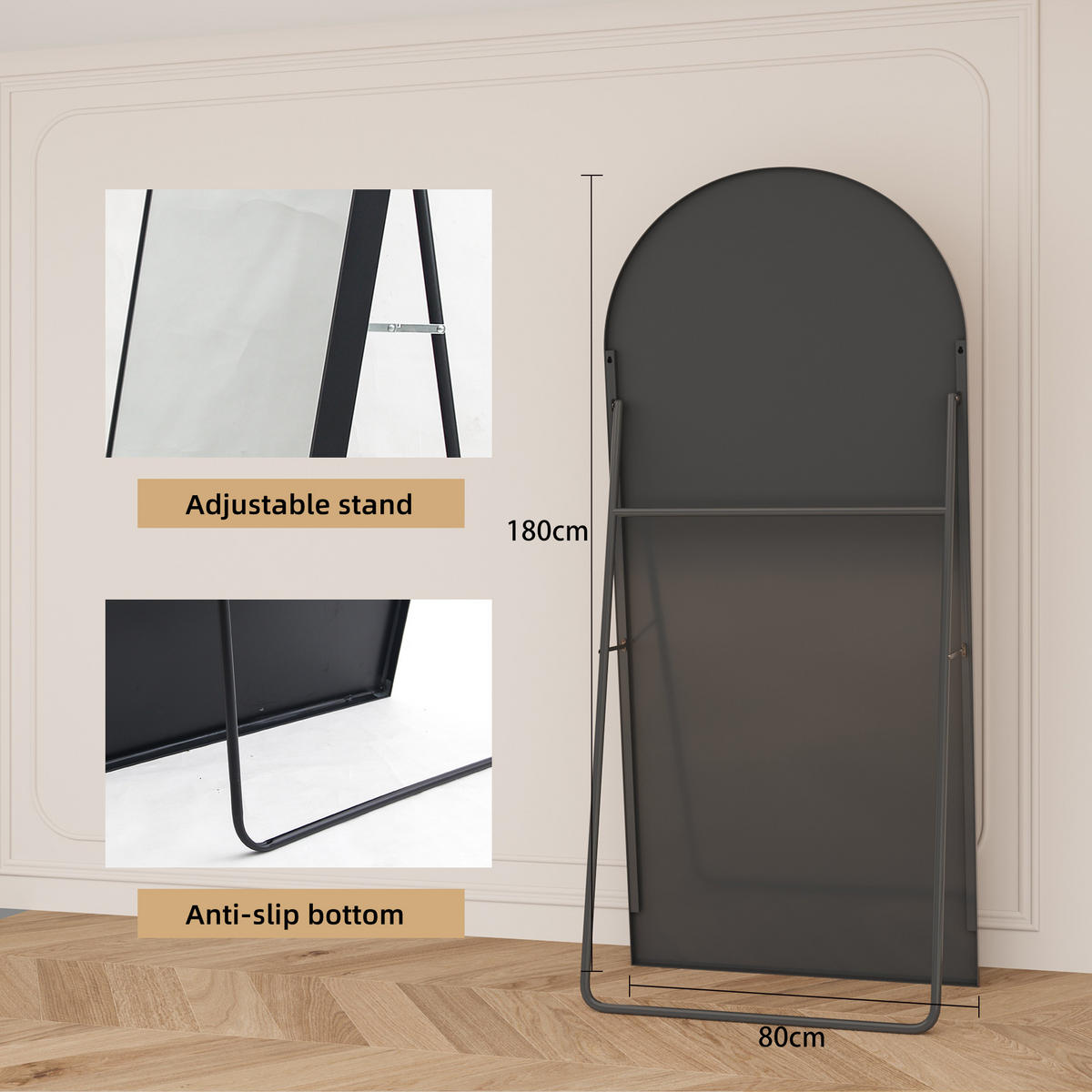 STANDSPIEGEL 1800 x 800 mm, gewölbter, geeignet für die Wandmontage oder als freistehendes Modell, schwarz - Schwarz, Glas/Metall (80/180/3cm) - WoodenAura