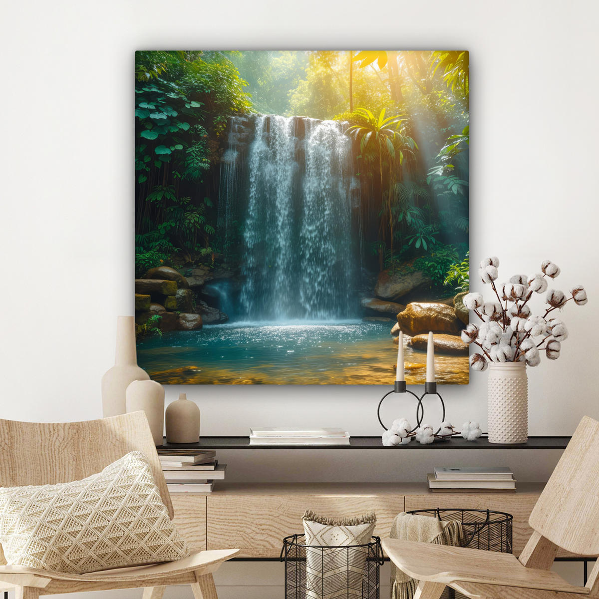 LEINWANDBILD Wasserfall - Dschungel - Sonne - Grün - Natur Deko Groß 90x90 cm - Grün, Textil (90/90cm) - MuchoWow