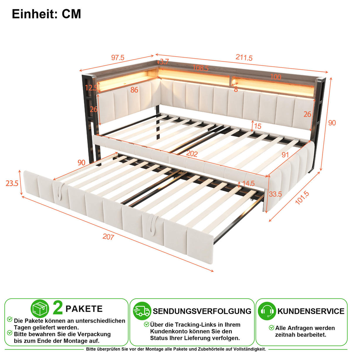 SCHLAFSOFA 90/200 cm & 90/190 cm in Beige Samt mit Ausziehbett, LED und USB - Beige, Holzwerkstoff/Textil (90/200cm) - CHICFURN