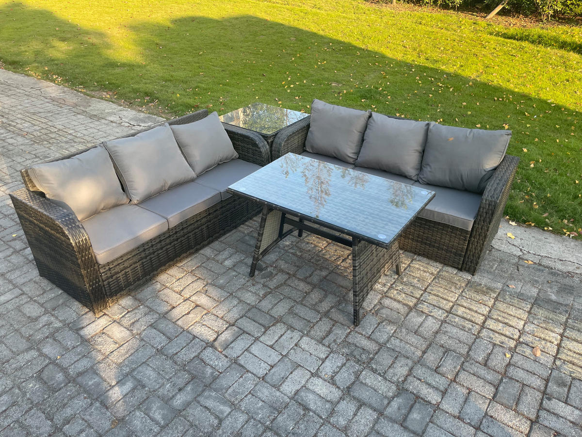 GARTENSET Hohe Rückenlehne Polyrattan 6-Sitzer - Dunkelgrau/Grau, Glas/Kunststoff - Fimous