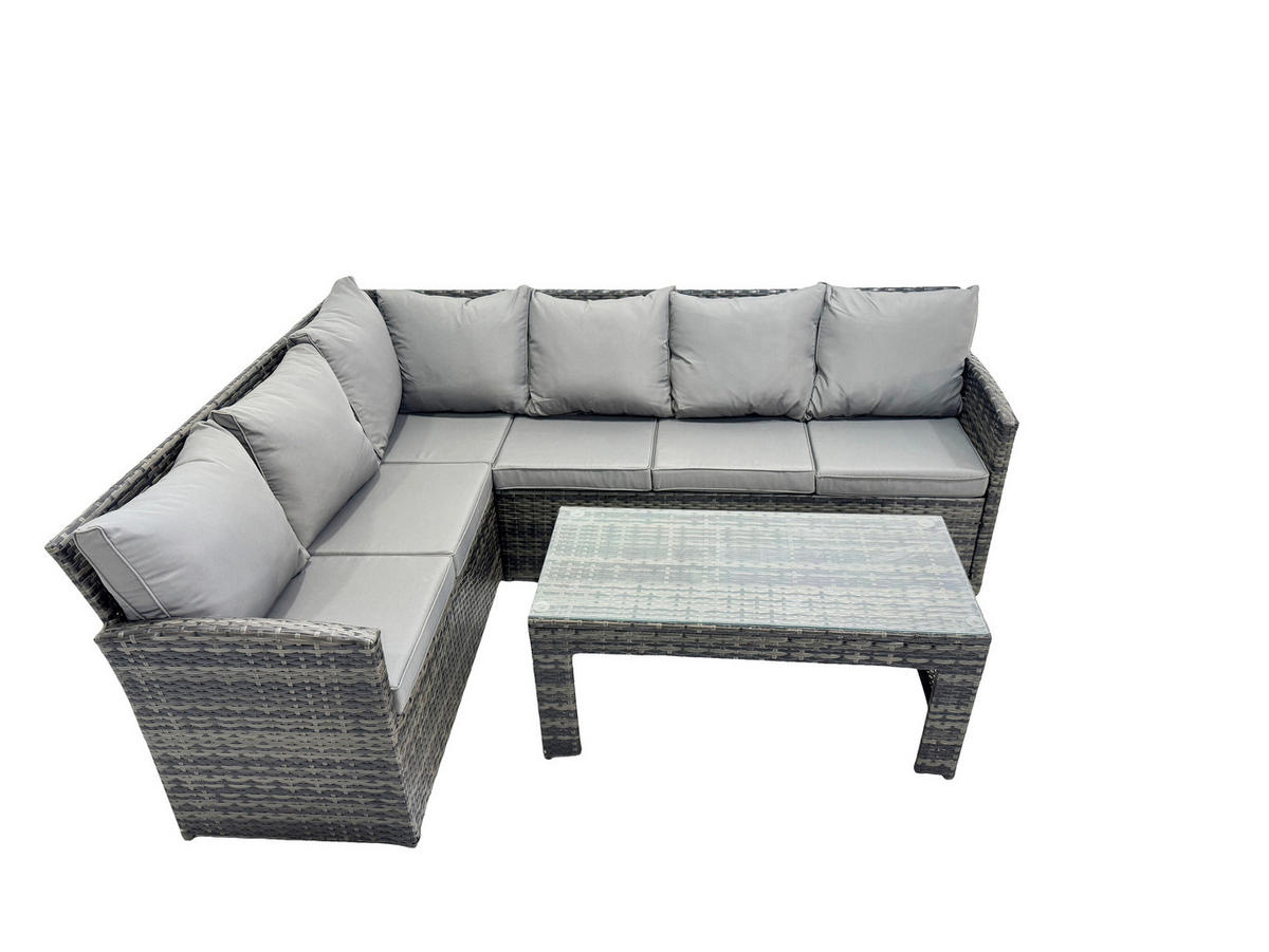 SITZGRUPPE mit Ecksofa,Länglicher Couchtisch Polyrattan 6-Sitzer - Dunkelgrau/Grau, Glas/Kunststoff - Fimous