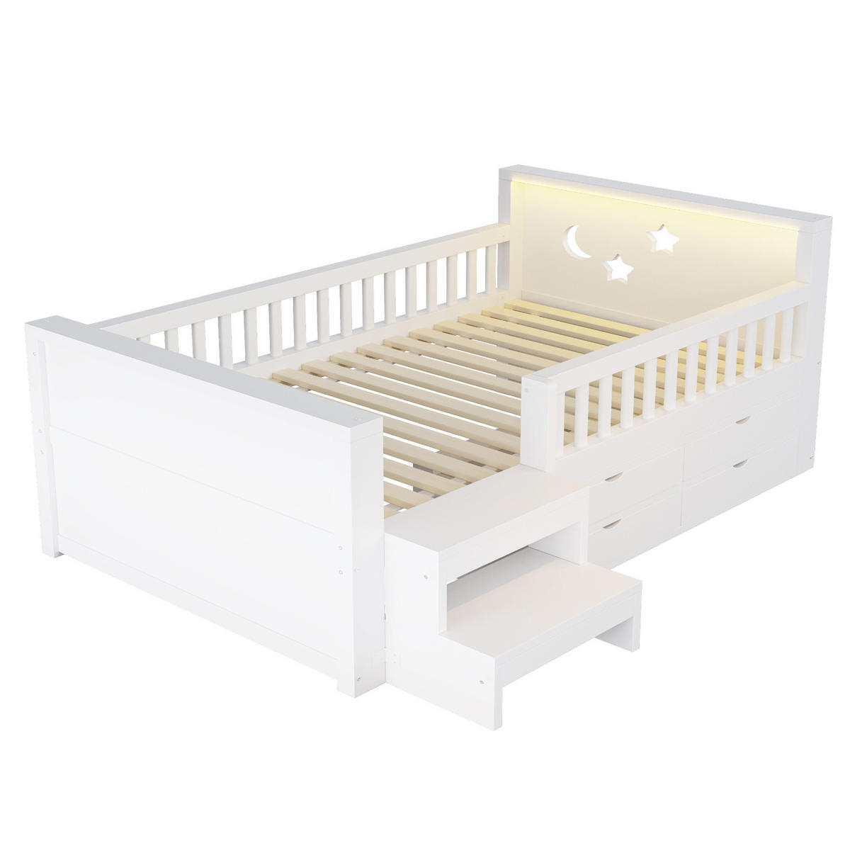 KINDERBETT Holz 90x200 cm Weiß mit LED, Sicherheitsgitter, Stufen und 4 Schubladen - Weiß, Holz (90/200cm) - Modfu
