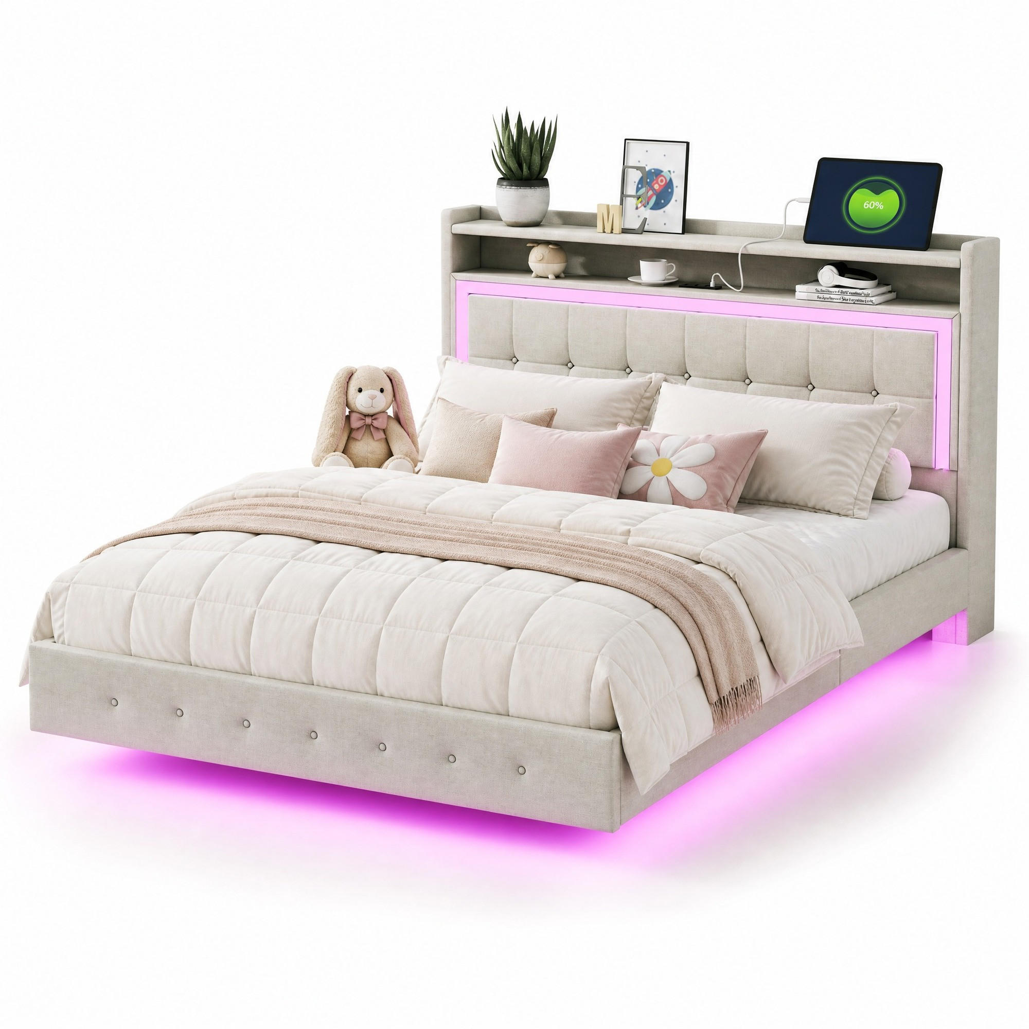 POLSTERBETT 140/200 cm in Beige Leinen mit LED und USB - Beige, Holzwerkstoff/Textil (140/200cm) - CHICFURN
