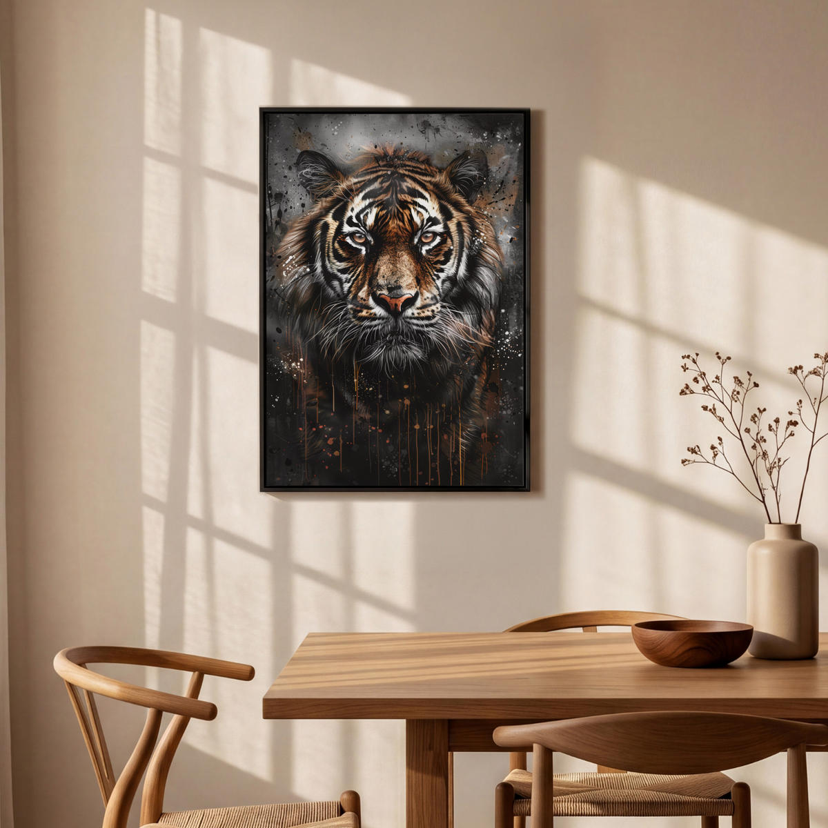 LEINWAND Bilder mit Rahmen - Tiger - Tiere - Porträt - Luxus - Schwarz - 60x90 - Braun, Textil (60/90cm) - MuchoWow
