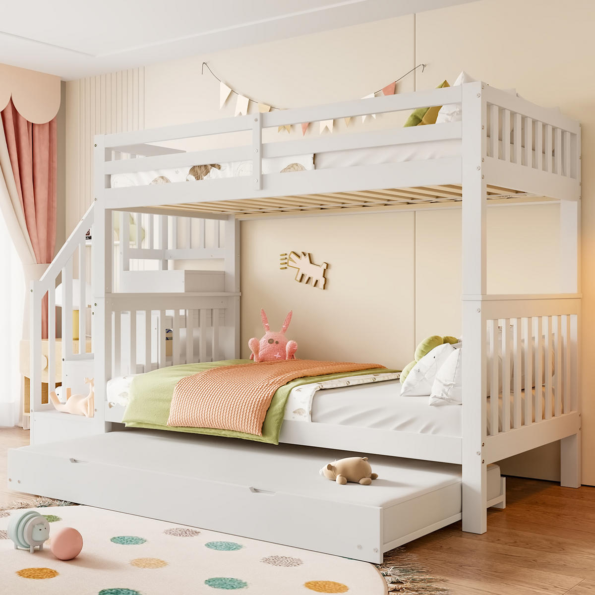 ETAGENBETT 90/200 cm in Weiß mit Rollbett, Treppenregal und hoher Absturzsicherung - Weiß, Holzwerkstoff (90/200cm) - Flora Grace