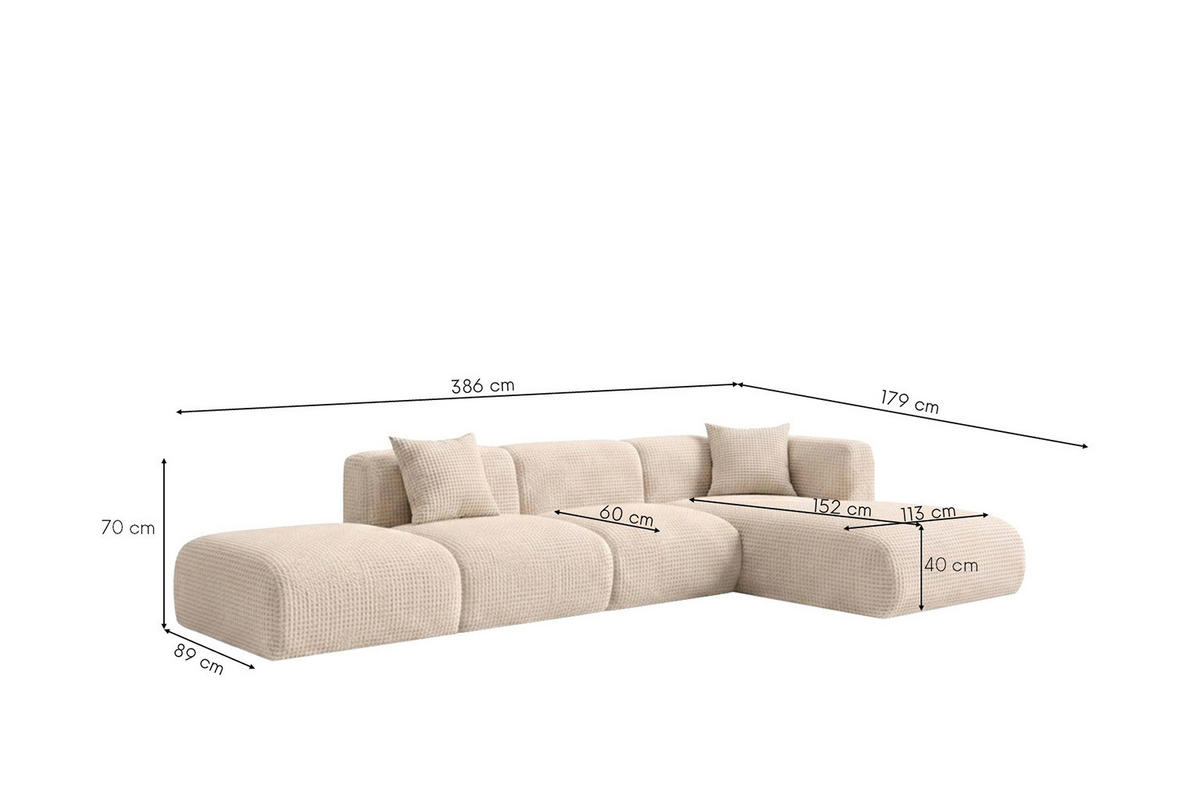 ROHOVÁ SEDAČKA ve tvaru L s taburetem, žinylková látka Cremona, Krémová, Pravá, GRETA - krémová, dřevo (386/179cm) - Kaiser Möbel