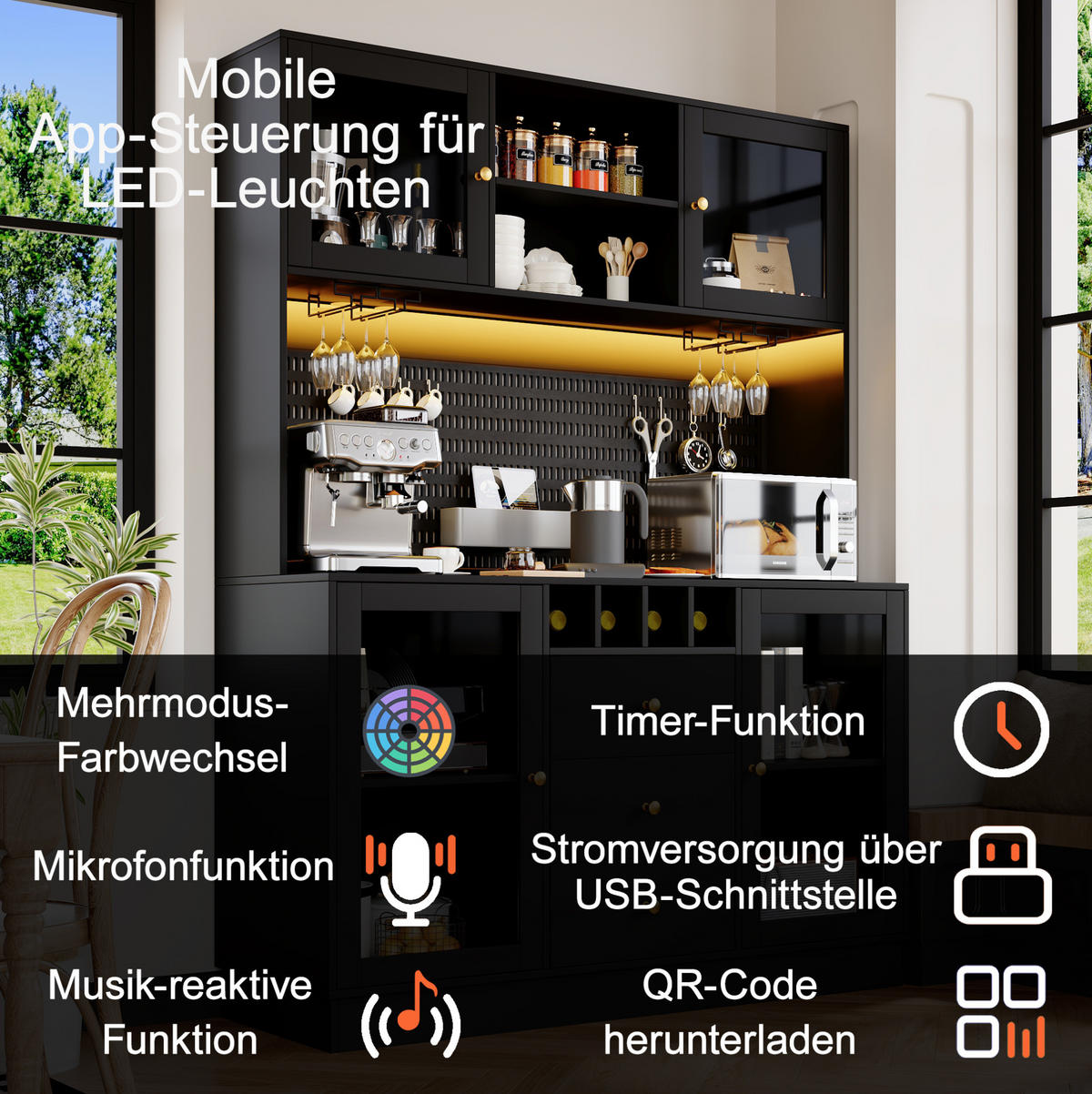 BUFFET 140/40/185,7 cm aus MDF und Glas mit LED-Beleuchtung Schwarz - Schwarz, Holzwerkstoff (140/185.7/40cm) - Modenvie