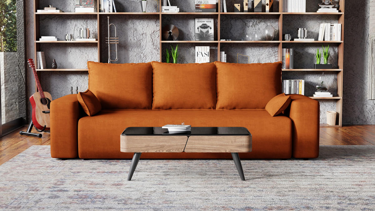 SOFA Bubi mit Bettkasten und Schlaffunktion, Velourstoff - Rostfarben, Holzwerkstoff (242/85/95cm)