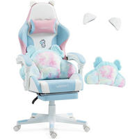 GAMING Stuhl mit Ohren und Kawaii Kissen, ergonomisch, mit Lendenwirbelstütze und Fußstütze, blau-pink - Blau, Textil (59/77/25cm)