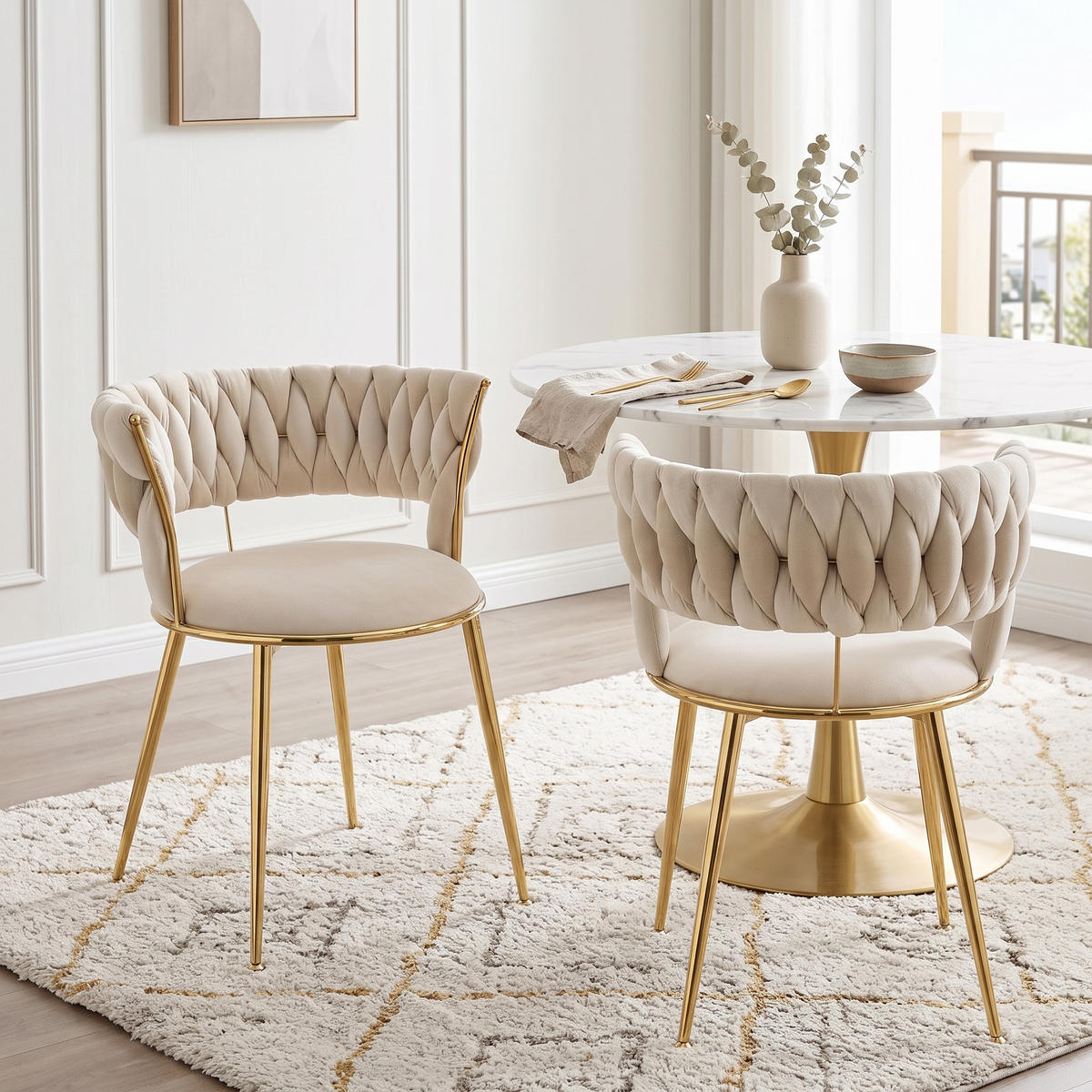 JÍDELNÍ ŽIDLE sada 2 ks samet slonová kost a zlato s pleteným opěradlem - magnolie, textil (57/70/43cm) - Urban Meuble