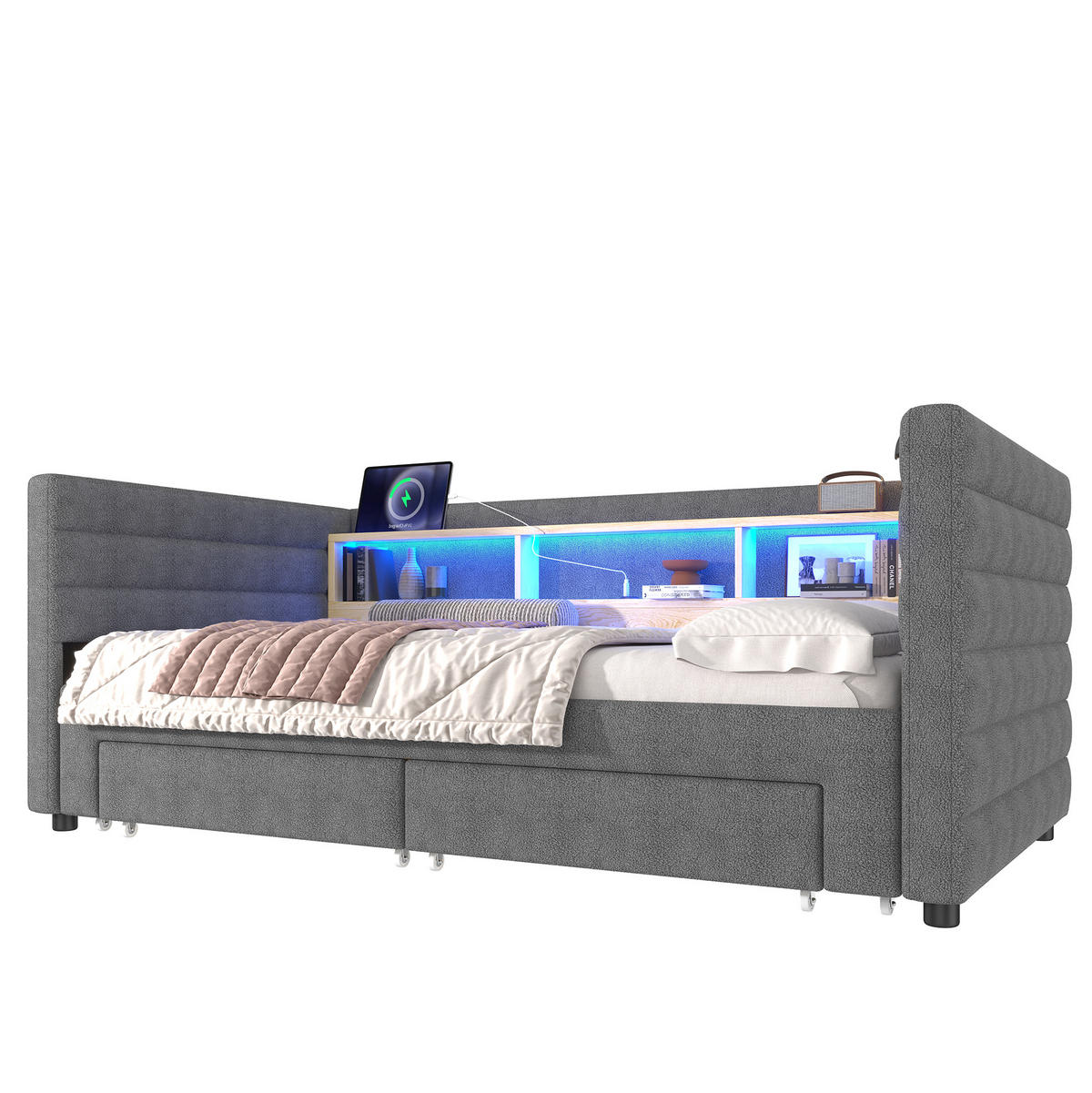 SAMT-POLSTERBETT 90/190 cm mit LED-Beleuchtung und Stauraum in Grau - Grau, Textil (90/190cm) - BEAOK