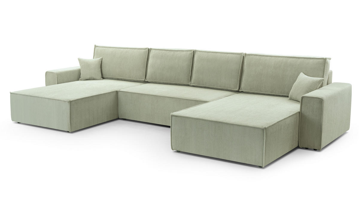 WOHNLANDSCHAFT Cedria Salbeigrün 389/145/85 cm mit Schlaffunktion - Schwarz/Grün, Kunststoff/Textil (389/85/145cm) - AX Living