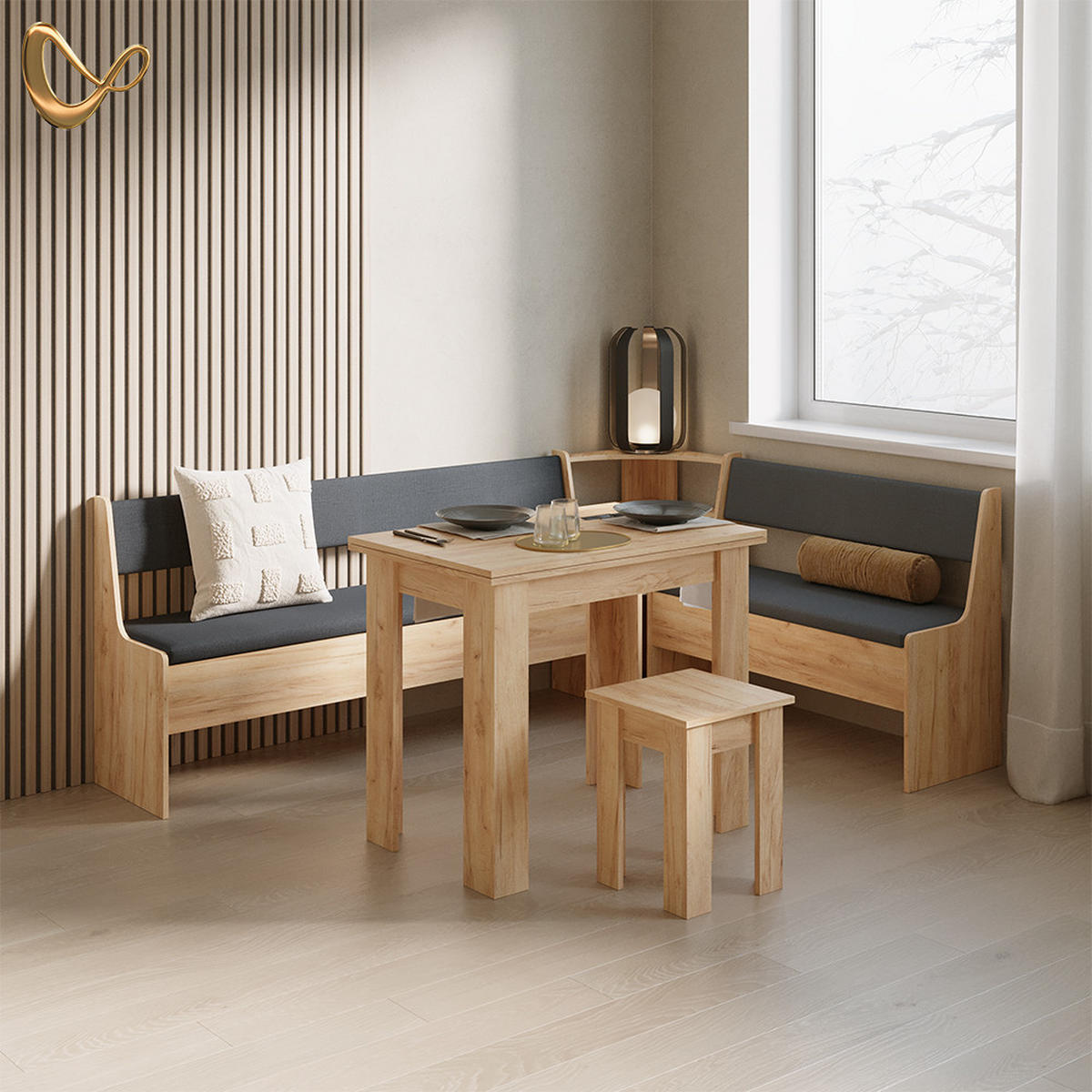 ECKBANKGRUPPE Tiberio Goldkraft Eiche 210 x 150 cm mit Tisch - Honigeiche, Holzwerkstoff (210/80/150cm) - Livinity®
