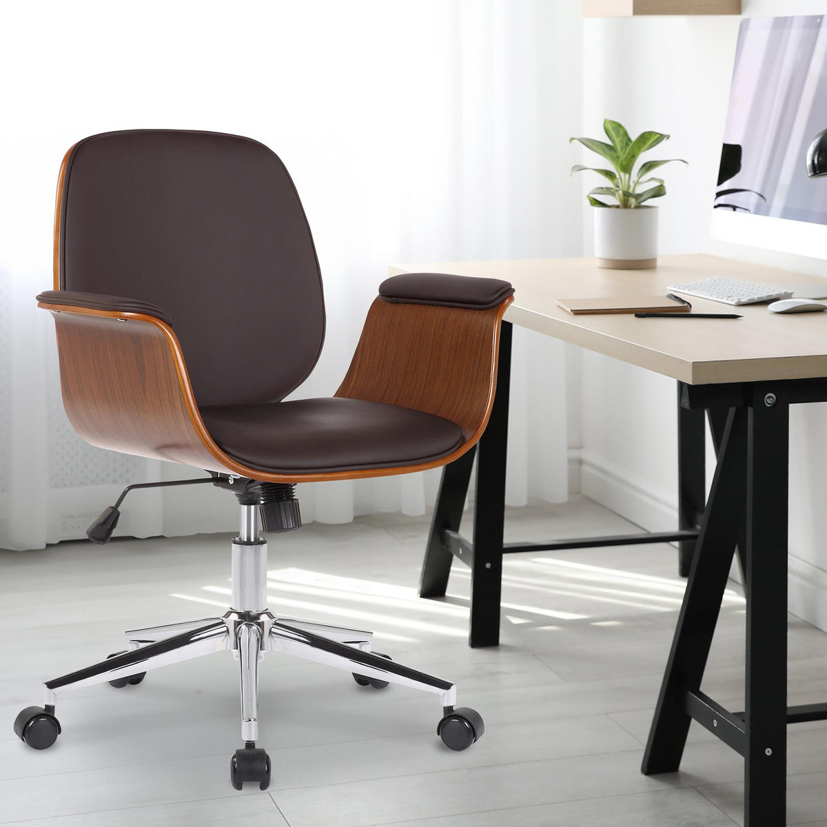 DREHSTUHL Holz walnuss/braun - Chromfarben/Walnussfarben, Holz/Textil (69/82/62cm) - CLP