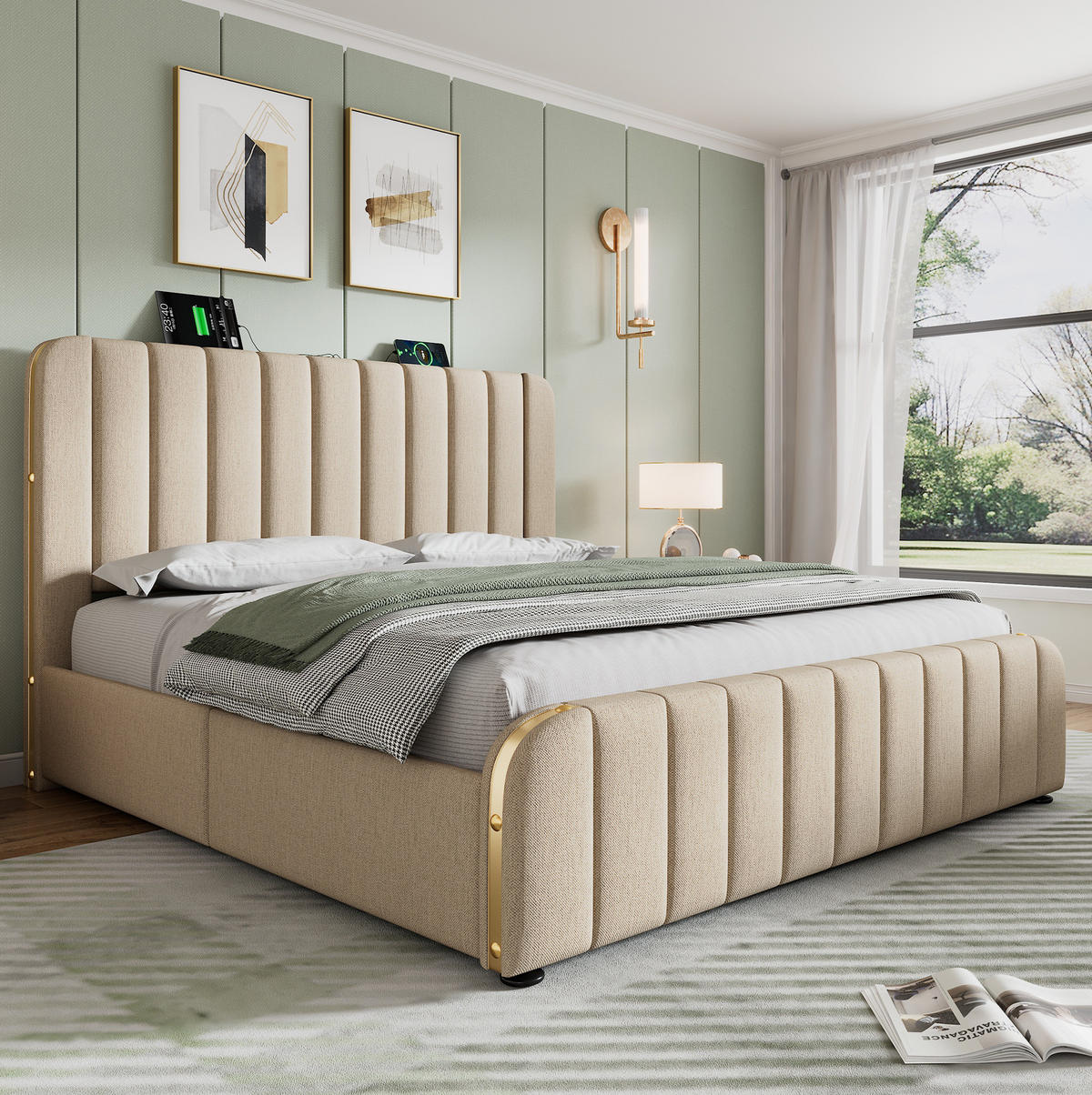 POLSTERBETT mit 4 Schubladen USB/Typ-C 180x200 cm Leinen Beige - Beige, Metall (180/200cm) - Meubliv