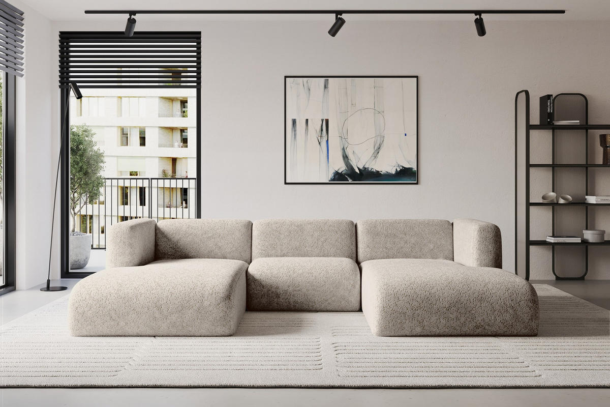 WOHNLANDSCHAFT MIRA-U1 317x179x70 Beige Velours - Beige/Schwarz, Holzwerkstoff/Kunststoff (317/70/179cm) - ALTDECOR