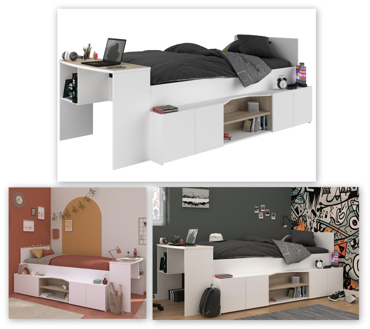 HOCHBETT Jugendzimmer Bett 90x200 mit Schreibtisch und Stauraum - Multicolor/Weiß, Holz/Holzwerkstoff (90/200cm) - Parisot Meuble