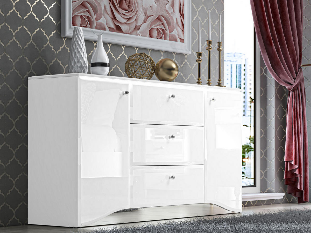 SIDEBOARD Glamour weiß / weiß hochglanz 160 / 41 / 85cm - Weiß Hochglanz/Weiß, Glas/Holz (160/85/41cm) - Feldmann-Wohnen