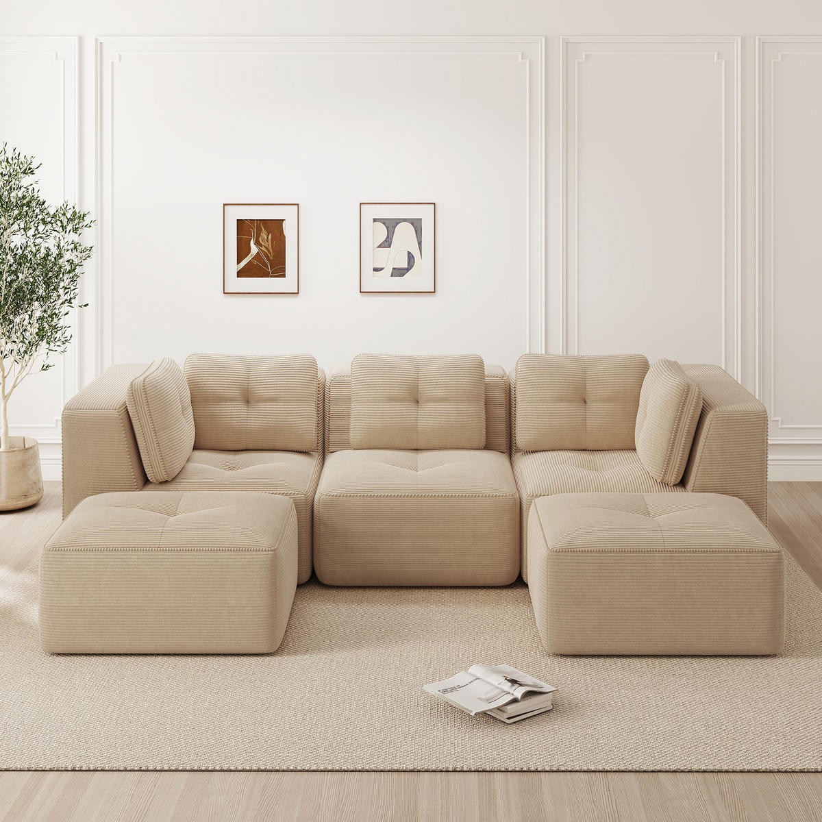 WOHNLANDSCHAFT 297/177/69 cm in Beige aus Cord mit modularem Design und breiter Sitzfläche - Beige, Textil (177/69/297cm) - Flora Grace