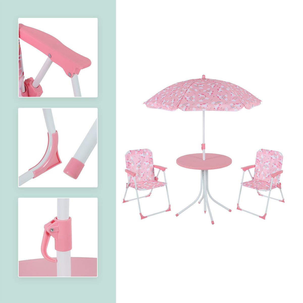 KINDERSITZGRUPPE Mehrfarbig 4-tlg.-Set mit Schirm Einhorn - Rosa, Kunststoff/Textil - Relaxdays