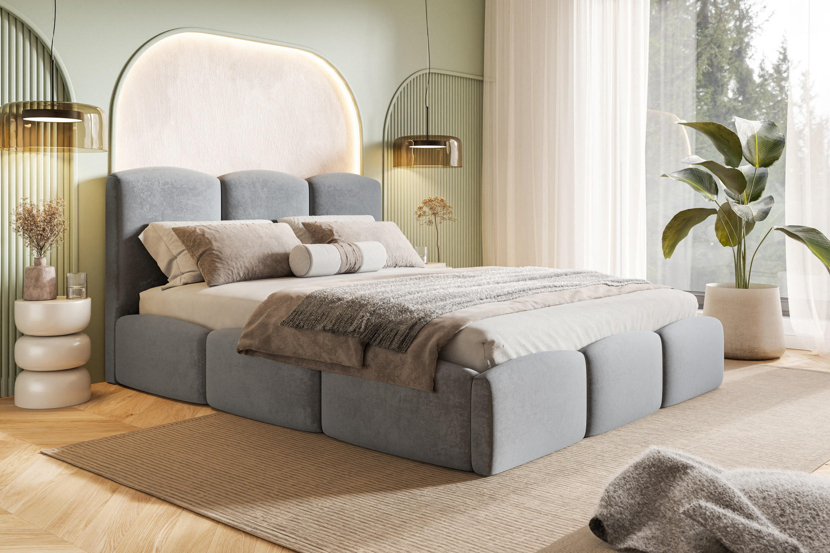 POLSTERBETT 140x200 Roma Slim mit Bettkasten, Lattenrost, Velvet Hellgrau - Hellgrau, Holz/Textil (140/200cm) - Emporius
