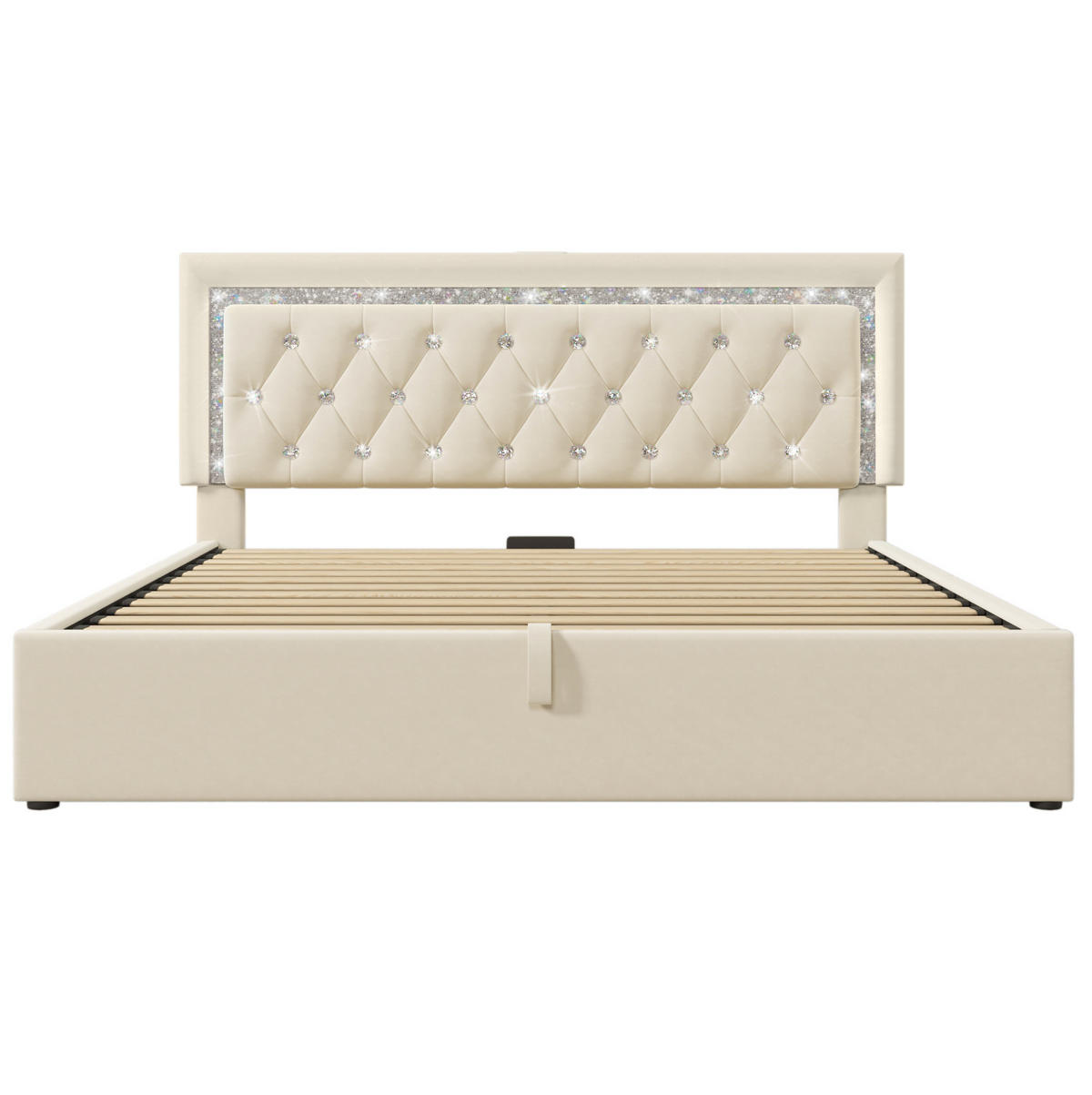 POLSTERBETT 160/200 cm mit LED-Beleuchtung, USB-Type-C und hydraulischem Bettkasten, Samt mit Rautensteppung, Beige - Beige, Textil (160/200cm) - Redom