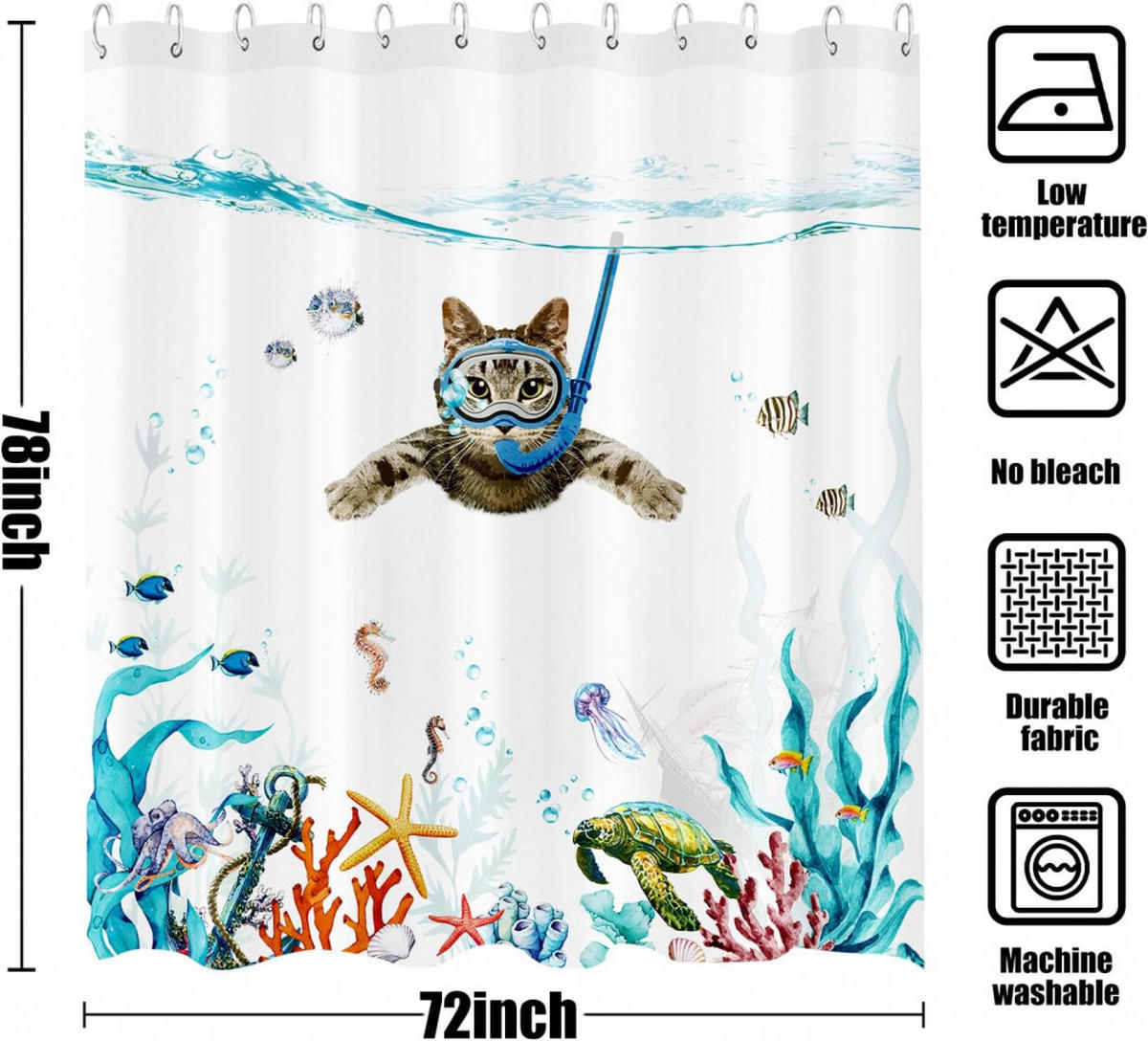 DUSCHVORHANG Blau 180 x 200 cm Katze nautisch Seestern Schildkröte wasserdicht Badezimmer - Weiß, Textil (1/1cm) - MCBOSON