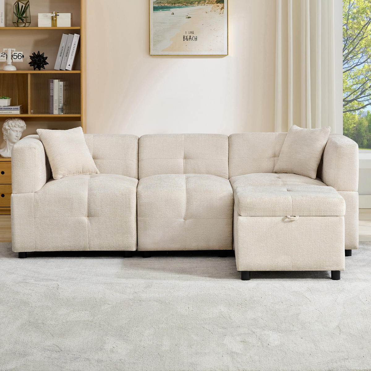 3-SITZER Ecksofa Chenille mit Stauraum-Fußhocker und 2 Kissen 204/126/69 cm Beige - Beige, Kunststoff/Textil (126/204cm) - Redom