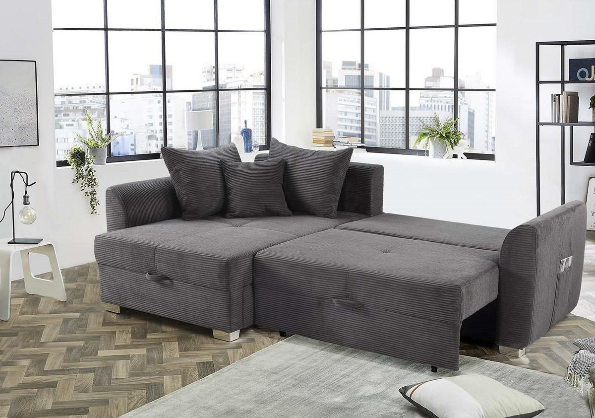 ECKSOFA mit Schlaffunktion und Bettkasten, seitenverkehrt montierbar B236/T160/H81 cm, Liegefl. 142x202 cm, Cord Grau Anthrazit / 15202 - Chromfarben/Schieferfarben, Kunststoff/Textil (236/160cm) - luma-home