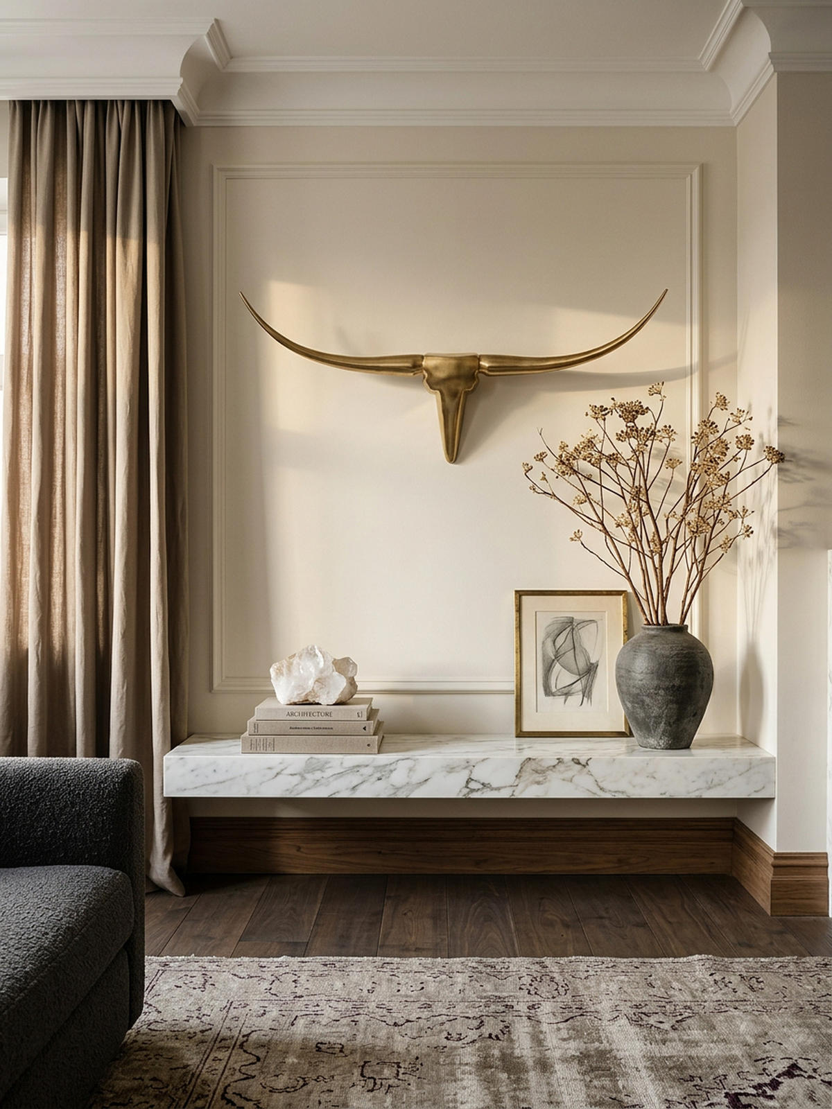 WANDDEKO Bull Geweih aus Aluminium 125 cm Breite, Gold 125x10x60 cm - Goldfarben, Metall (125/60/10cm) - KADIMA DESIGN