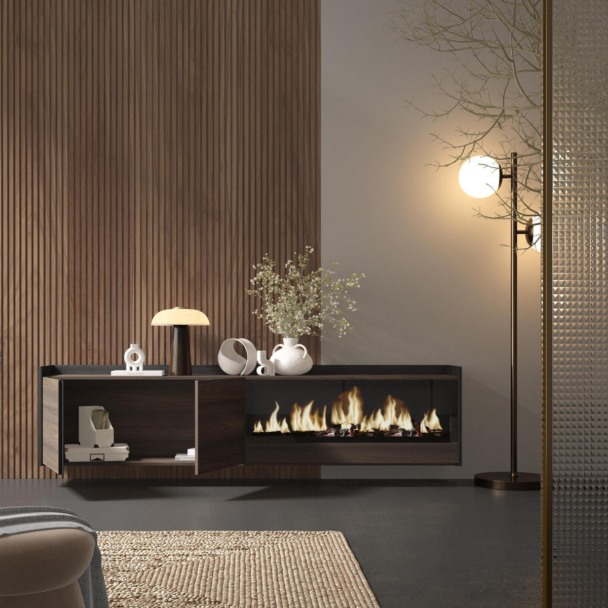 LOWBOARD, Eiche und Schwarz, 212/35/50cm, Kamin mit Feuereffekt XXL - Dunkelbraun, Holzwerkstoff (212/50/35cm) - Skraut Home