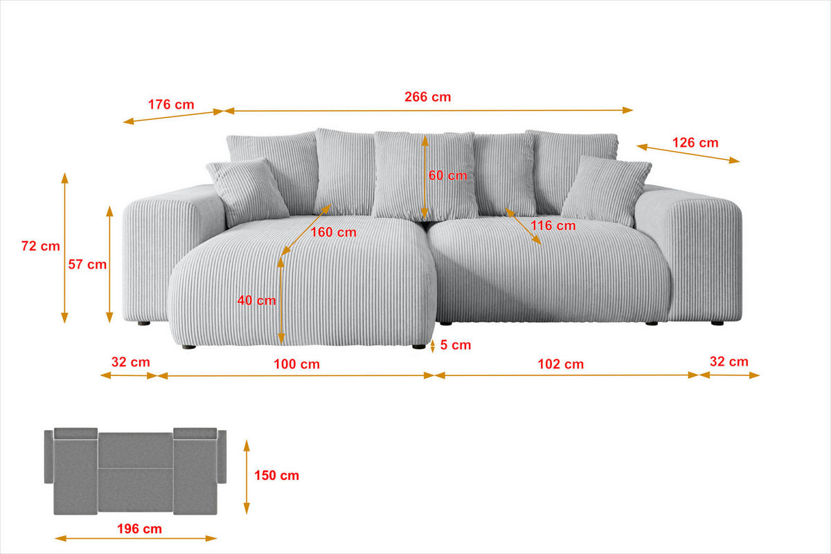 ECKSOFA Ottomane links ESKAR-L 266x176x84 Grau Cord - Schwarz/Grau, Holzwerkstoff/Kunststoff (266/176cm) - ALTDECOR