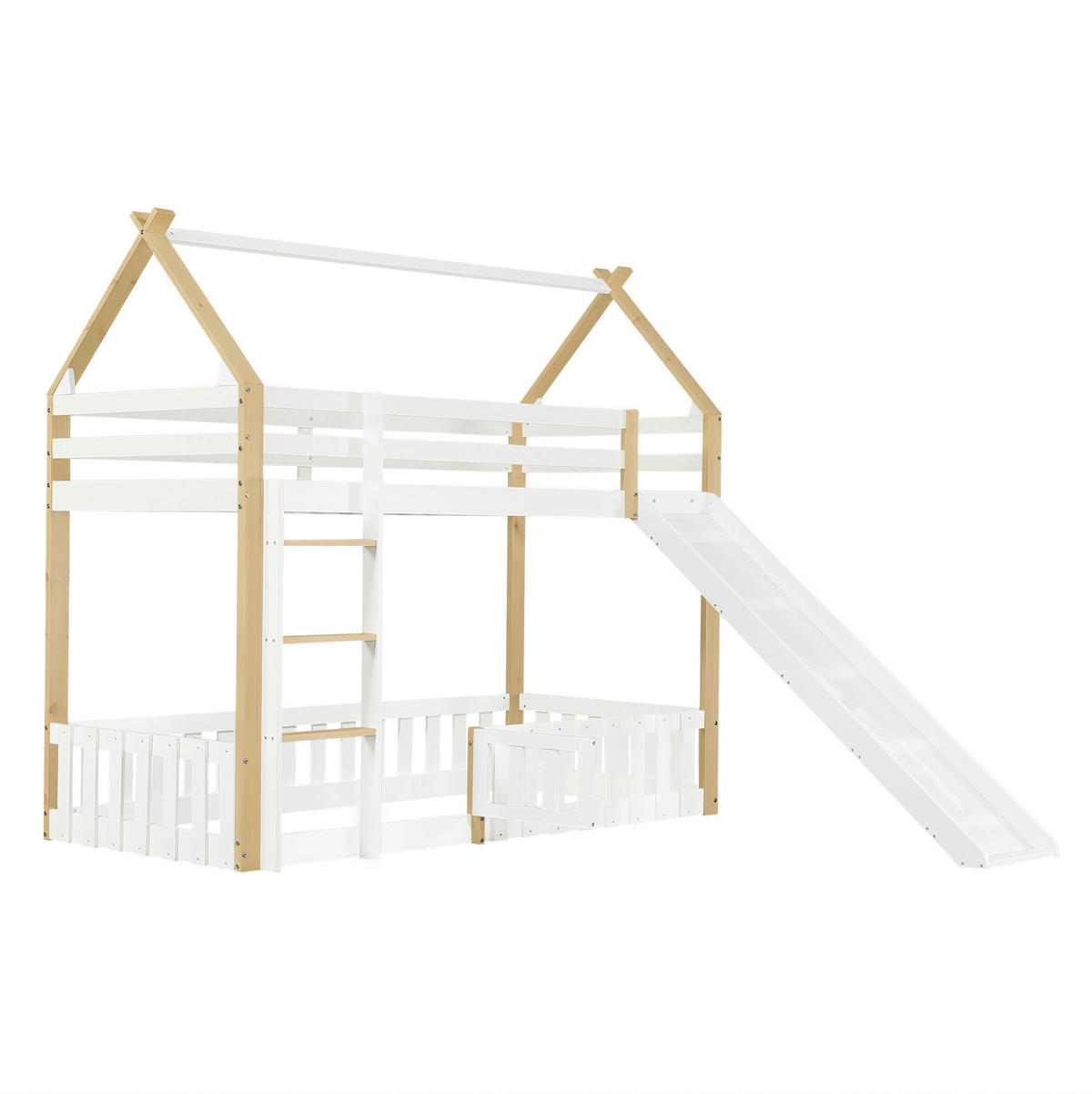 VÝŠKOVÁ posteľ 90/200 cm biela/prírodná so šmykľavkou a strešnou konštrukciou z masívneho dreva a MDF - biela, kompozitné drevo (90/200cm) - OKWISH