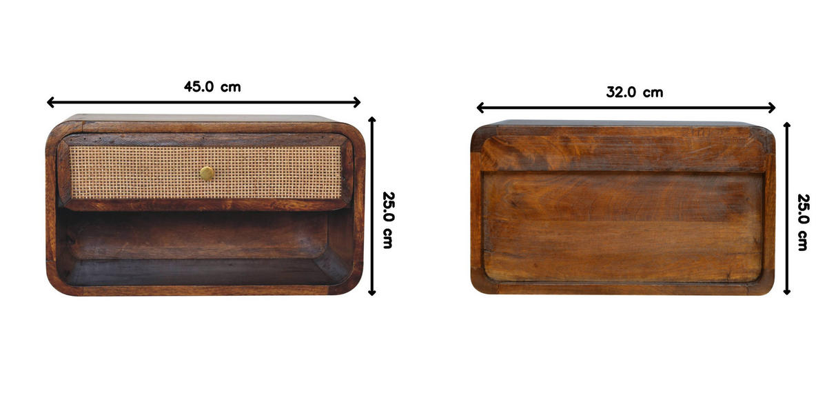 WANDNACHTTISCH, offen geflochten, 1 Schublade und offenes Fach, Braun - Messingfarben/Braun, Holz/Metall (45/25/32cm) - Artisan Furniture