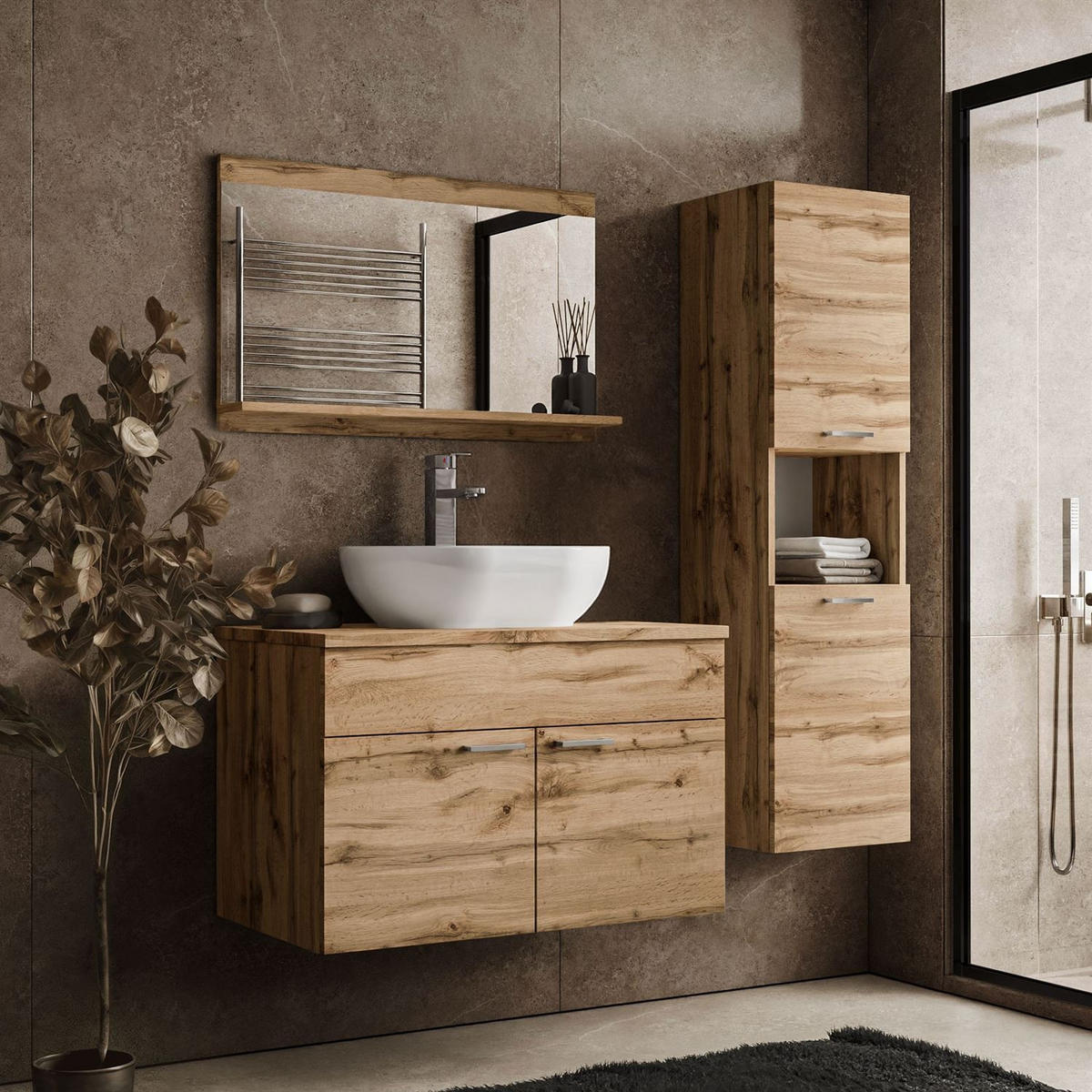BADMÖBEL-SET LUMIRE LOFT Wotan Eiche mit Spiegel - Braun, Holzwerkstoff (80/52/46cm) - Lookway