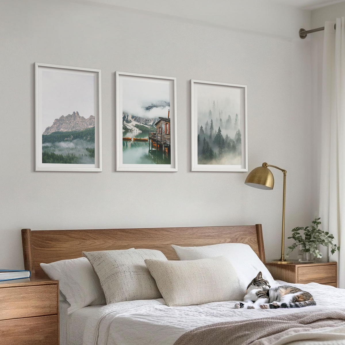 WANDBILDER 3er-Set - 40x60 cm Weißer Rahmen - Berge, See, Hütte, Nebel - Weiß, Kunststoff (40/60cm) - ArtPrintCave