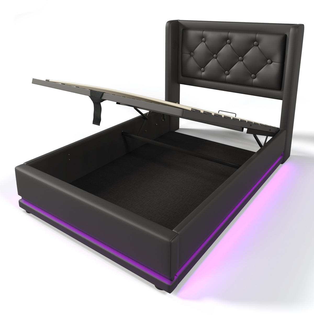 POLSTERBETT 90/200 cm mit USB-C, Matratze, LED und hydraulischem Bettkasten, PU, Schwarz - Schwarz, Kunststoff (90/200cm) - Redom