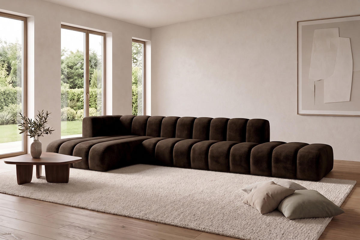 ECKSOFA Modulares In L-Form Mit Hocker, Velvet-Stoff Riviera, Schokolade, Links, GRAND - Braun, Holz (386/179cm) - Kaiser Möbel