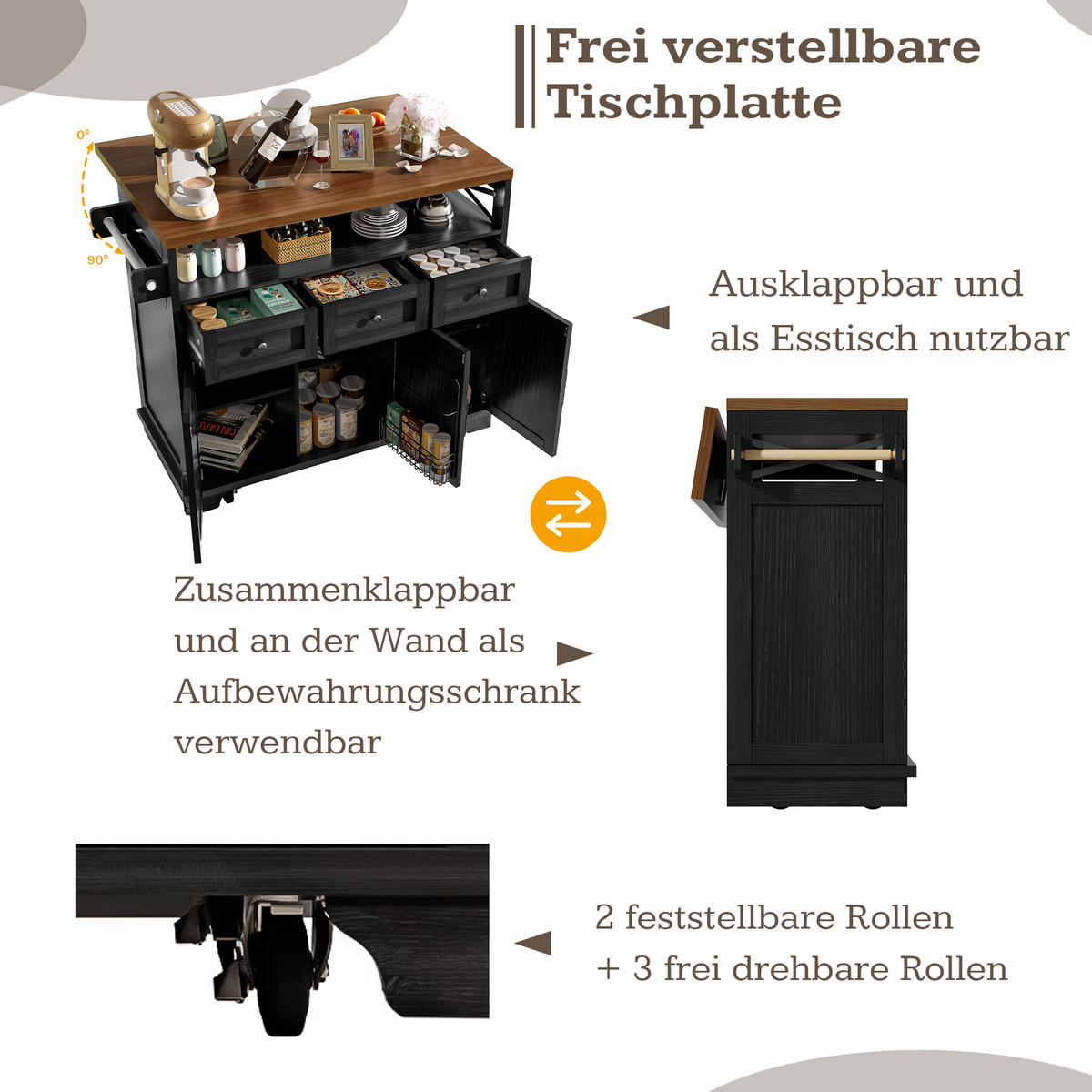 KÜCHENINSEL 118x43x98cm Schwarz mit klappbarer Platte, Schublade, Snackhalter & 5 Rollen - Schwarz, Holzwerkstoff (118/98/43cm) - Modfu